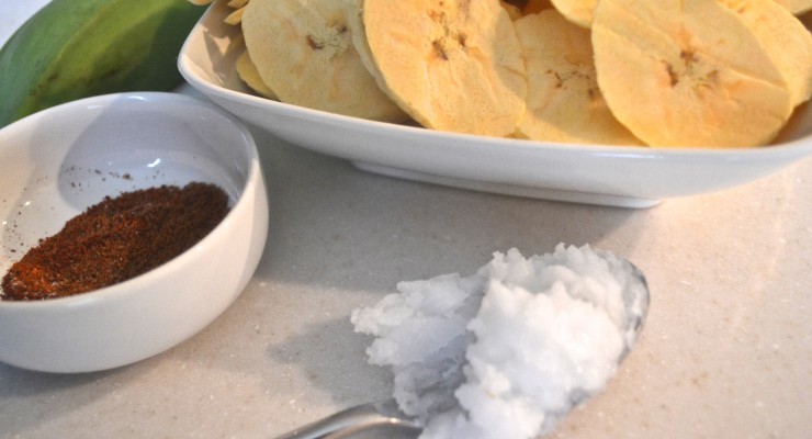 Coconut oil with plantain chip ingredients.